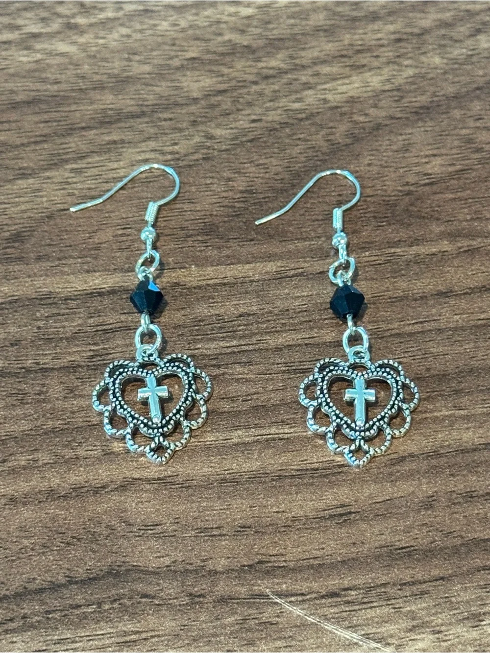 Hot Topic Silver Heart Cross Earrings with Black Bead Accents